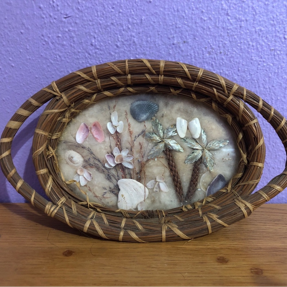 Vintage Seagrass and shells art tray